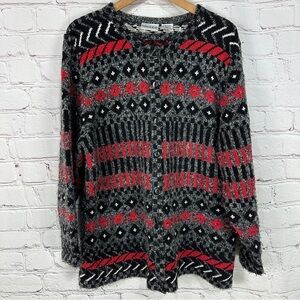 Vintage Womens Sweater 18 20 Plus Size Cardigan Black Red Geometric Button Front